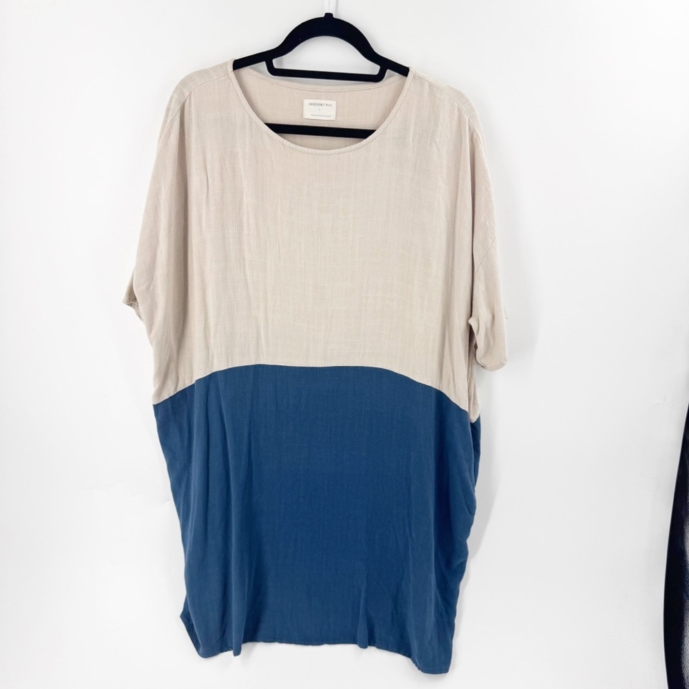 ✅ JACKSON ROWE LINEN COLOR BLOCK BUBBLE TUNIC WITH POCKETS (LOOSE FIT) SMALL‎